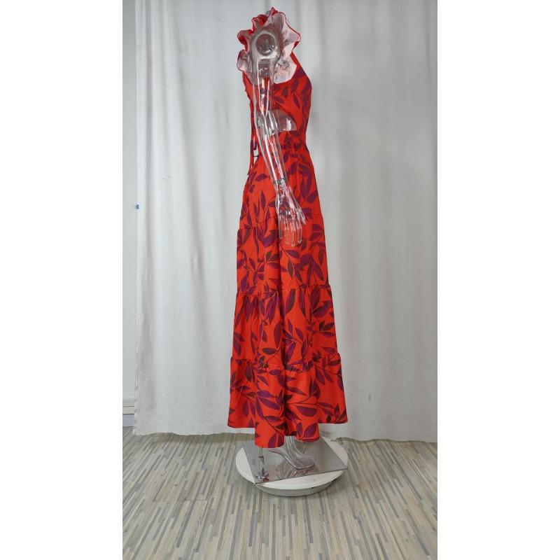 Летние женские платья с принтом и круглым вырезом, длинные платья с рюшами по подолу