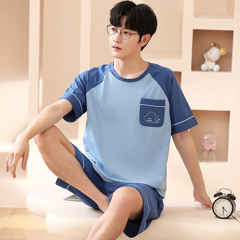 2 Pieces Set Men's Summer Cotton Pajamas Set  Short Sleeping Tops Pants Sleepwear Male Casual Nightwear Pyjama