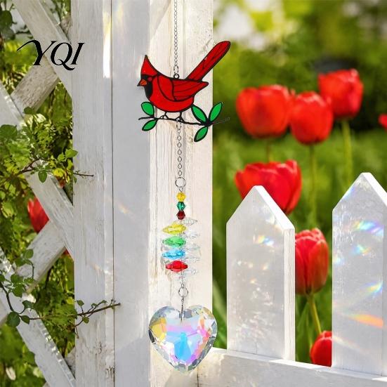 Sunlight Catching Window Ornaments Faux Crystal Red Bird Suncatcher with Chain, Hanging Ornament Weather Resistant Outdoor Decor Prism Heart Pendant,
