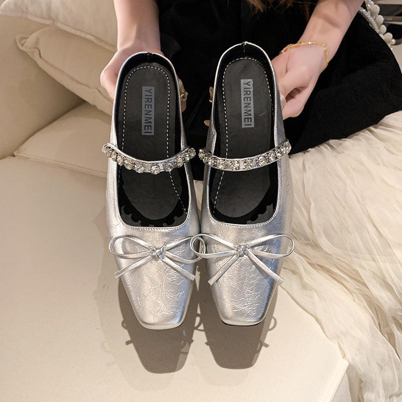 Туфли Мэри Джейн женские весна-лето 2025 новые французские банты со стразами квадратные босоножки сумка-голова толстые каблуки женские