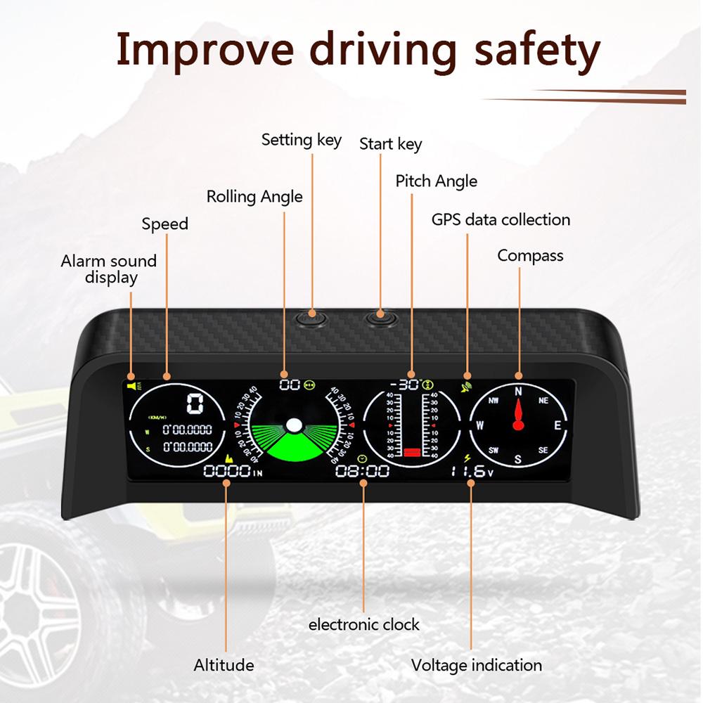 AD X90 GPS Проекционный дисплей Спидометр Сигнализация превышения скорости Уклономер Инклинометр Автомобильный компас HUD Угол наклона Угломер Часы