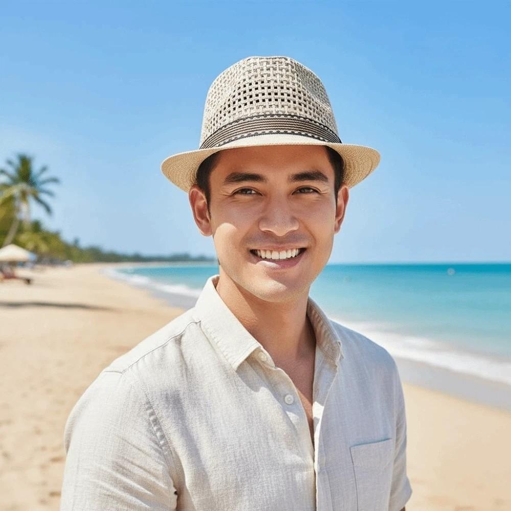 Short Brim Woven Straw Hat Breathable Vacation Beach Cap Sun Cap Men Panama Hat Summer