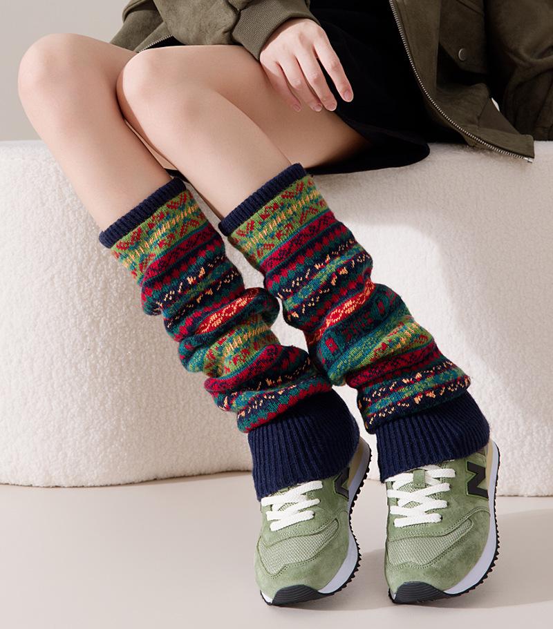 Флуоресцентные камуфляжные богемные шерстяные гетры выше колена для женщин