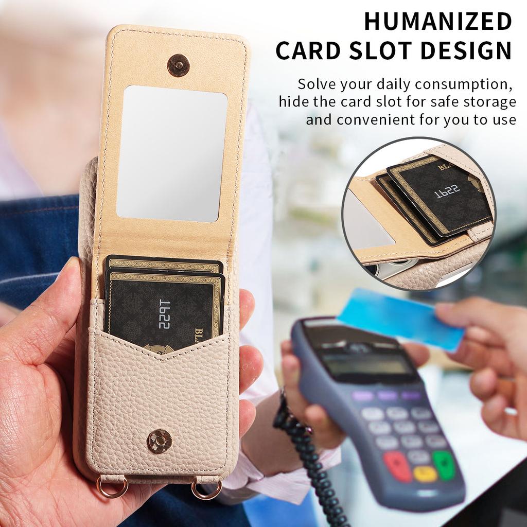 Чехол для телефона iPhone16 15 14 13 Pro Pro Max Plus с зеркалом для макияжа и слотом для карточек на шнурке Стильный многофункциональный чехол для телефона