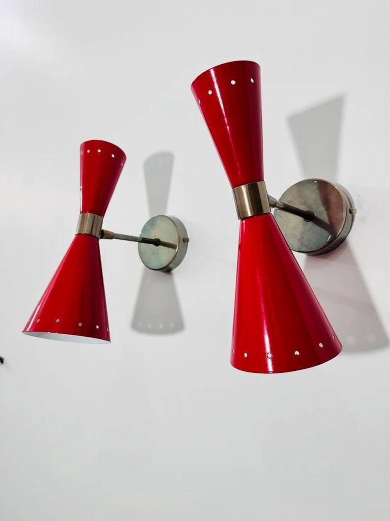 Red Brass Wall Sconce: Mid-Century Italian Stilnovo Reading Light