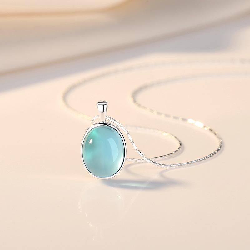 Серебряное ожерелье Tichya S925 с лунным камнем/аквамарином – Нишевый дизайн, овальная змеиная цепочка для женщин