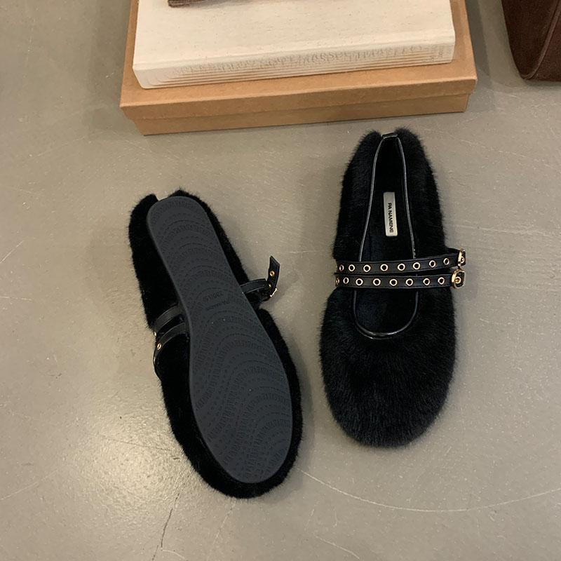 Мода Мода Круглый Носок Женские Мэри Джейн Балетки Меховые Туфли Женская Пряжка Ремешок Обувь Теплые Женские Балетки Мелкие Туфли