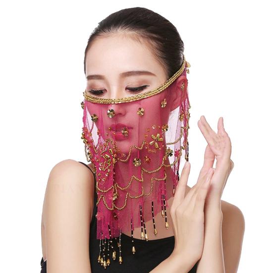 Performance Veil Flower Sequins Beads Decor See-through Lace Belly Dance Tribal Face Veil Breathable Fabric Adjustable Strap Indian Dance Veil