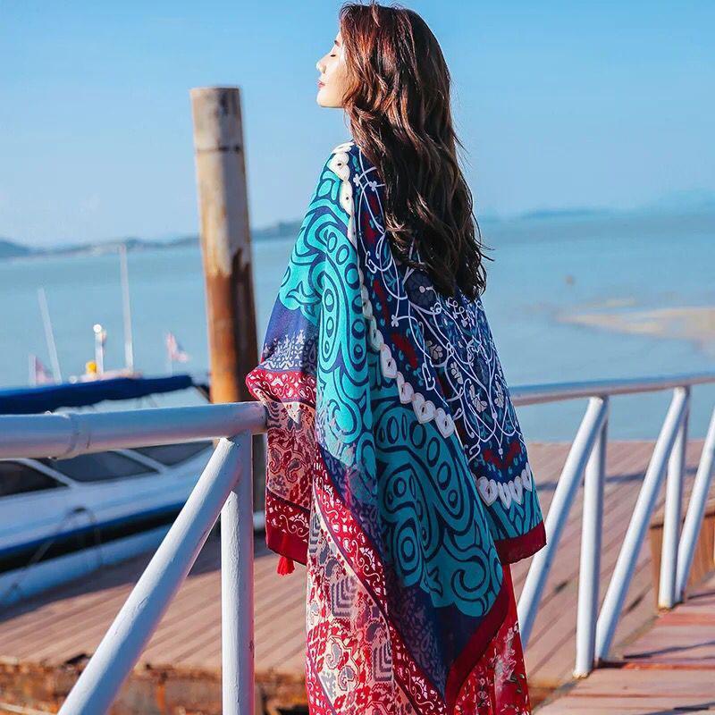 Thickened Women'S Travel Photography Shawl, Women'S Ethnic Style Scarf, Dual-Use Air-Conditioned Room Cloak