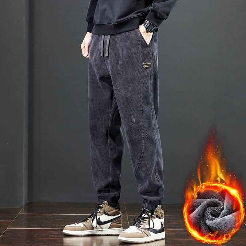 Мужские вельветовые спортивные штаны на флисовой подкладке на зиму 2025: Плотные повседневные хлопковые брюки для осени и зимы