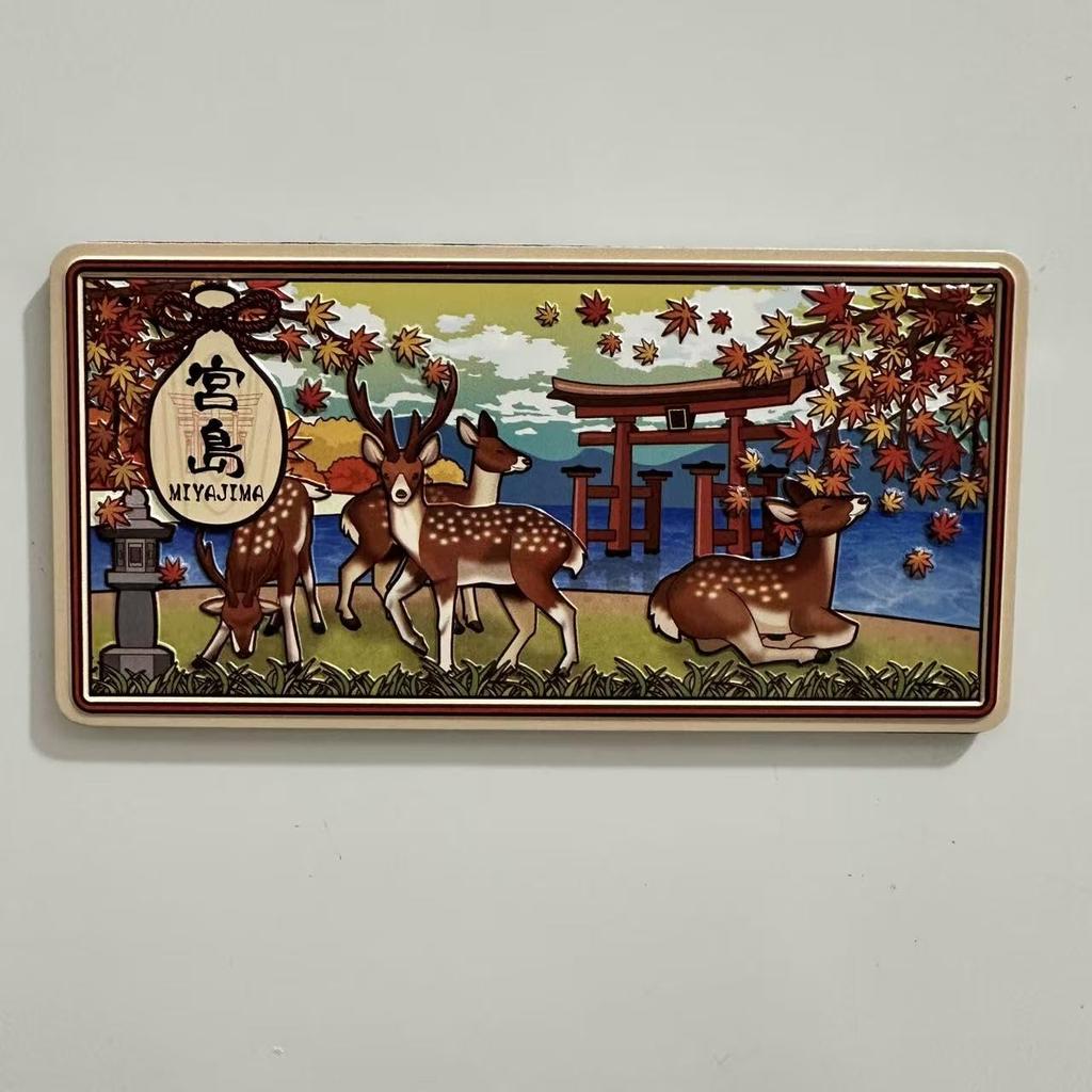 Miyajima Japanese Landscape Magnet Deer Design Autumn Foliage Scene Decorative Refrigerator 12x6cm Rectangular Traditional Tourist Destination