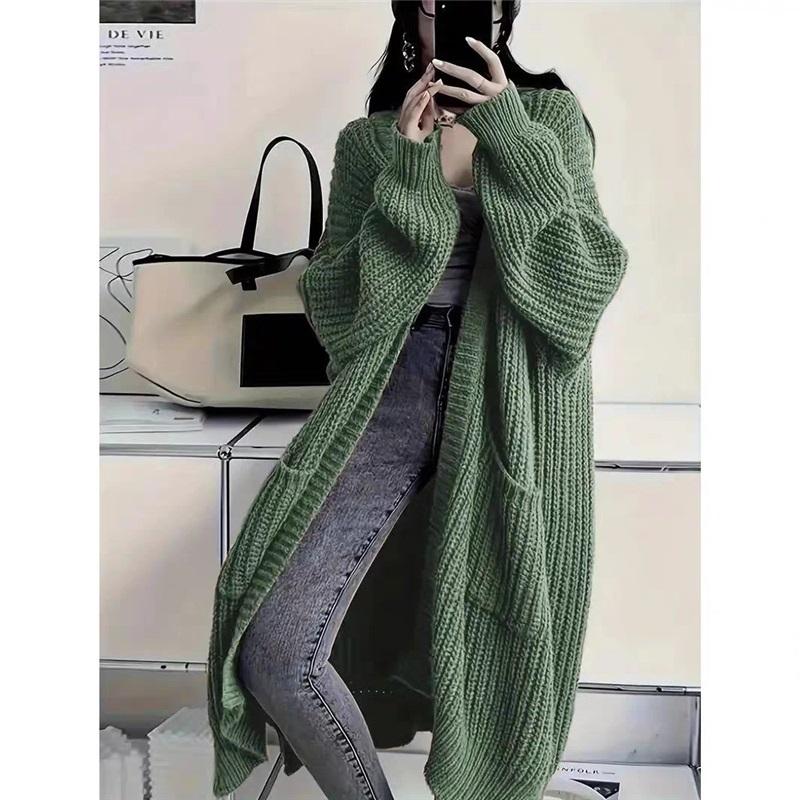 Женский oversized длинный вязаный кардиган свободный крупной вязки с открытым передним краем пальто-свитер с карманами зимняя теплая верхняя одежда