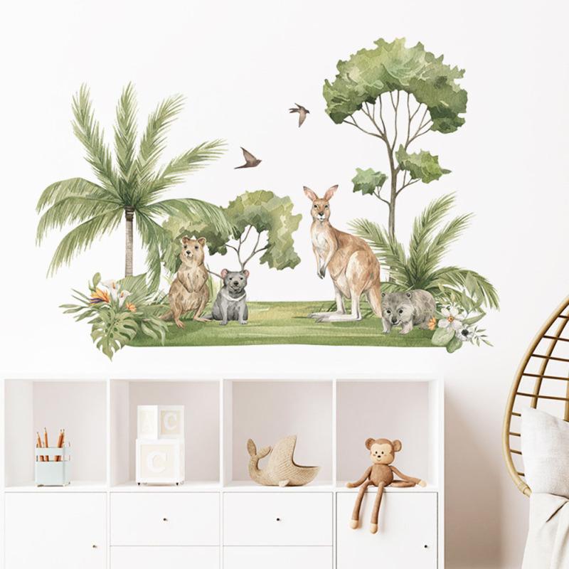 2шт Наклейки на стену Наклейка на стену Мультфильм Кенгуру Енот Тропические зеленые растения Обои Главная Стена