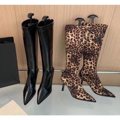 Модные остроносые сапоги на тонком каблуке с леопардовым принтом, женские модные сексуальные разноцветные сапоги до колена, большой размер 43, женская обувь