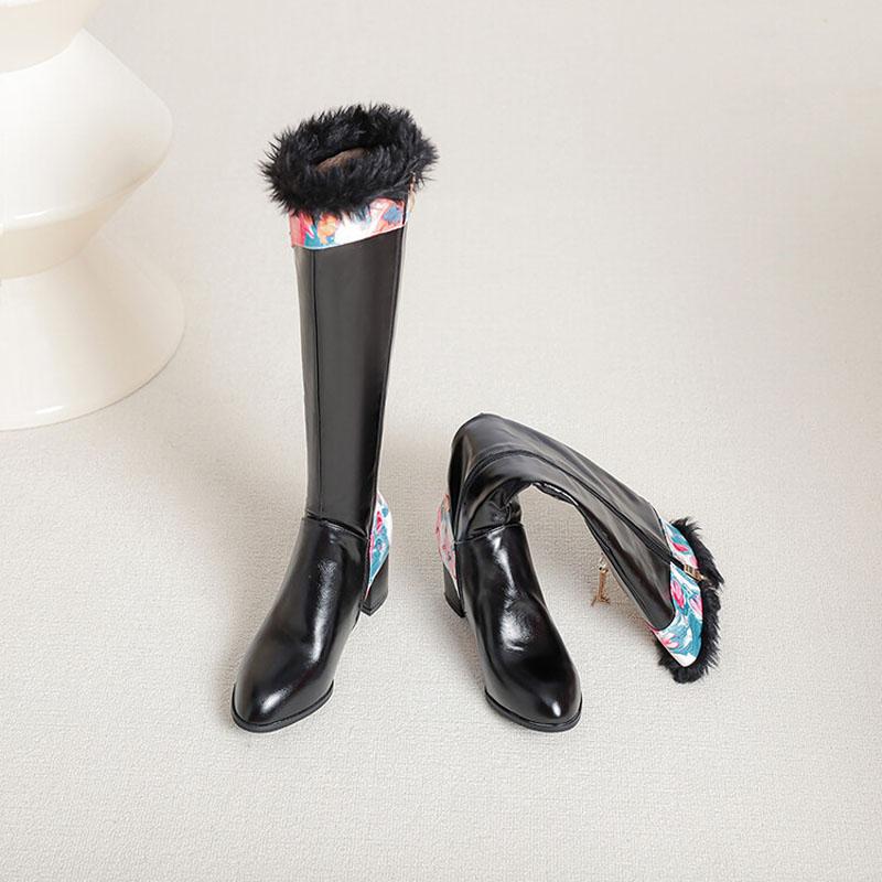 2025 Winter Knee High Boots for Women Printing Patchwork High Heels Women Shoes Big Size 43 Plush Warm Botas De Mujer WSH4935