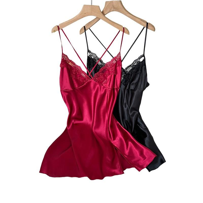 Womens Satin Slip Dress 2pcs Set Lace Backless Lingerie Sleepwear Robe Homewear