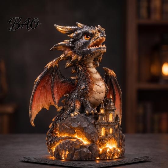 Resin Figurine Light Up Dragon Figurine, Gothic Castle Statue, Decorative Indoor Outdoor Decorations Fantasy Creature Ornament for Home, Office Table,