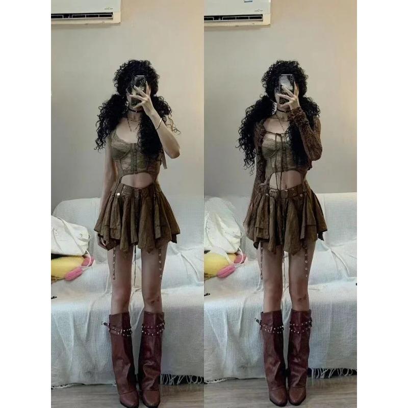 Harajuku Vintage Fashion 3 Piece Set Woman Short Cardigan + Slim Vest + Y2k E-Girl High Waist Skirt Hot Girls Korean Style Suit