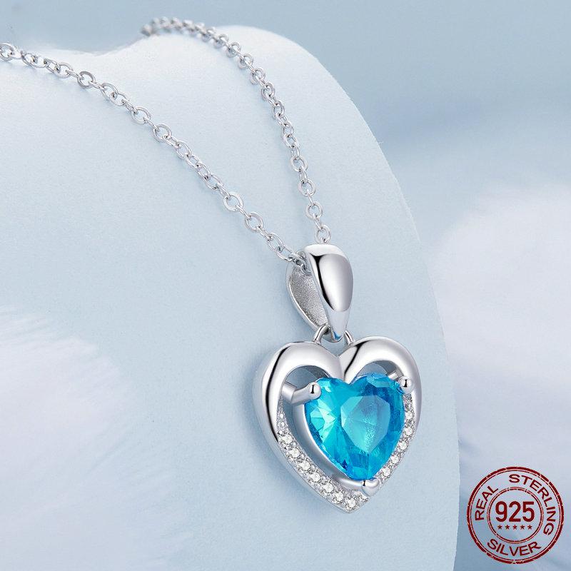 S925 серебряное ожерелье с подвеской в ​​форме сердца, синие прозрачные хрустальные ожерелья для женщин, серебряные ювелирные изделия, подарок