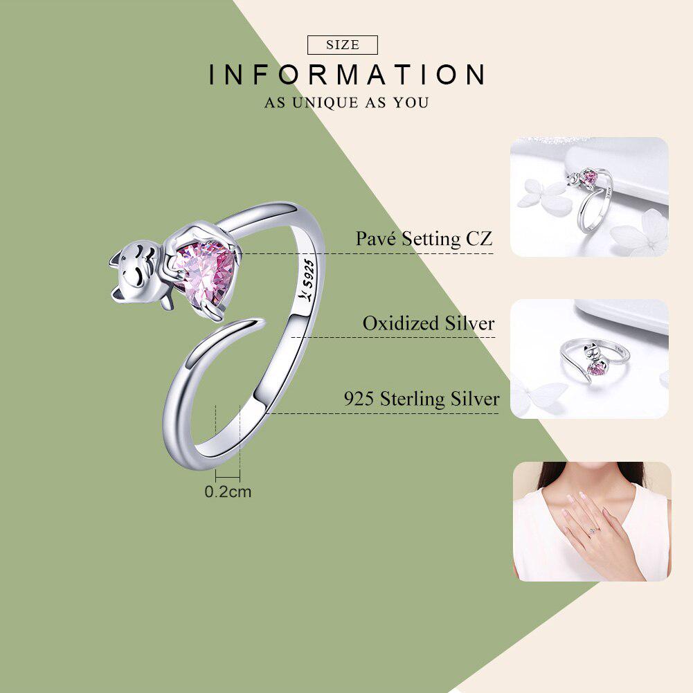 BAMOER Authentic 925 Sterling Silver Adorable Cat Pink CZ Adjustable Finger Rings