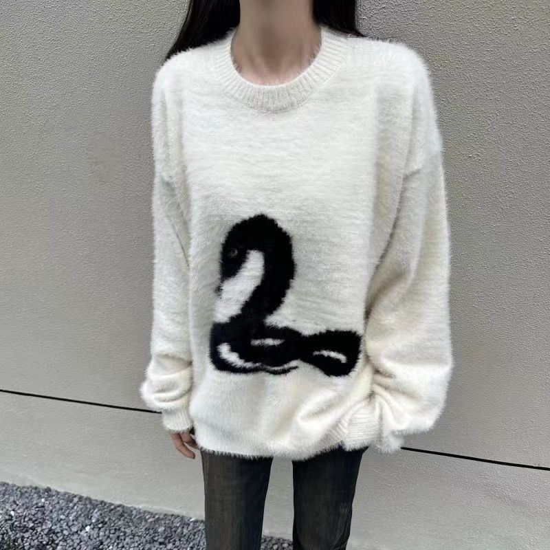 Y2k Белый готический женский свитер с принтом свободного покроя в стиле Харадзюку, корейская мода, вязаные пуловеры, змеиный узор, осенняя теплая уличная одежда
