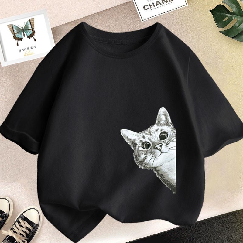 Cute Cat Pet Cartoon Summer Fashion T-Shirt Girls White Round Neck Short Sleeves Shirts Casual Aesthetic Top Fashion Clothes