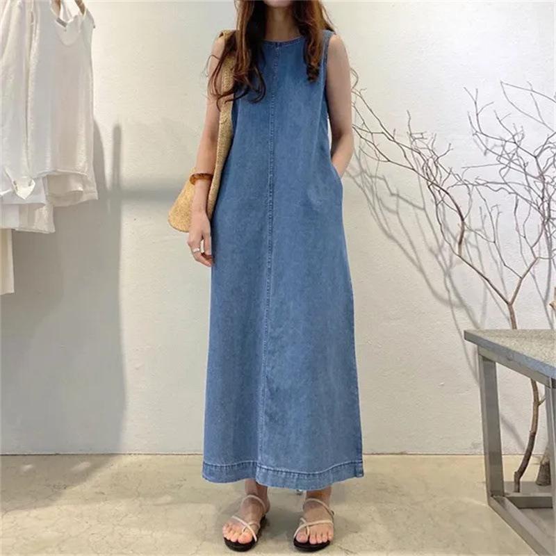 Summer Women Plus Size Dress Fashion Round Neck Pocket Sleeveless Loose Long Vest Denim Dresses