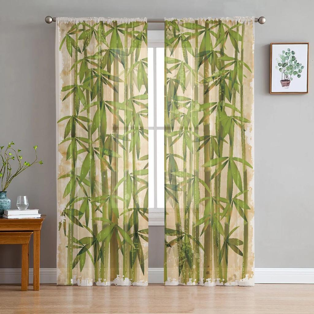 Bamboo Watercolor Painting Tulle Curtains For Living Room Bedroom Voile Curtain Home Decoration Sheer Balcony Door Curtain