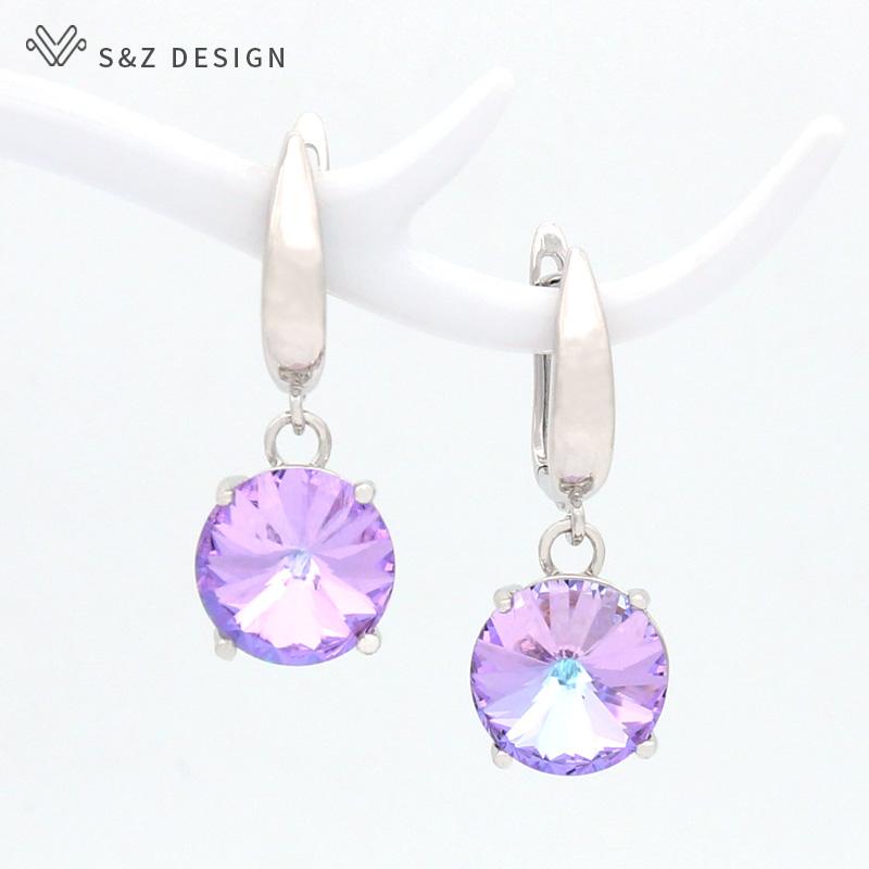 Colorful Round Large Crystal Drop Earrings For Women Wedding Jewelry Fashion Rose Gold Color Eardrop Gift