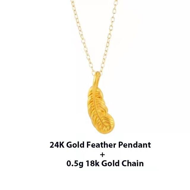 Ожерелье с подвеской из желтого золота 999 24 карата, простой мини-кулон с перьями, настоящая золотая цепочка 18 карат для женщин, ювелирные изделия в подарок