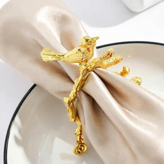 Napkin Ring Vintage Branch Bird Design with Gold Finish Open-End Holder for Cloth