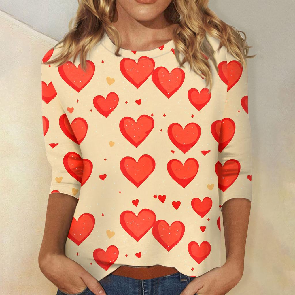 Женские топы с рукавом три четверти и круглым вырезом, свободная футболка с принтом ко Дню святого Валентина