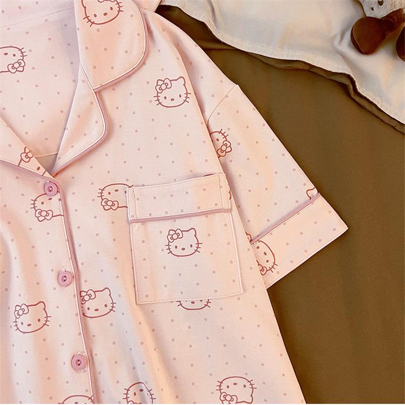 Internet celebrity pink polka dot cat pajamas women's summer short-sleeved shorts cardigan two-piece lazy style loungewear