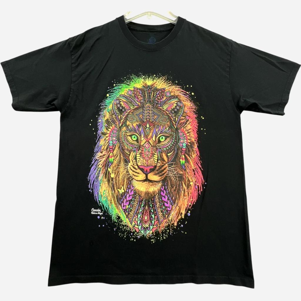 Mexican Aztec Lion Graphic T Shirt Mens Large Black Neon Painted Cancun Rivera