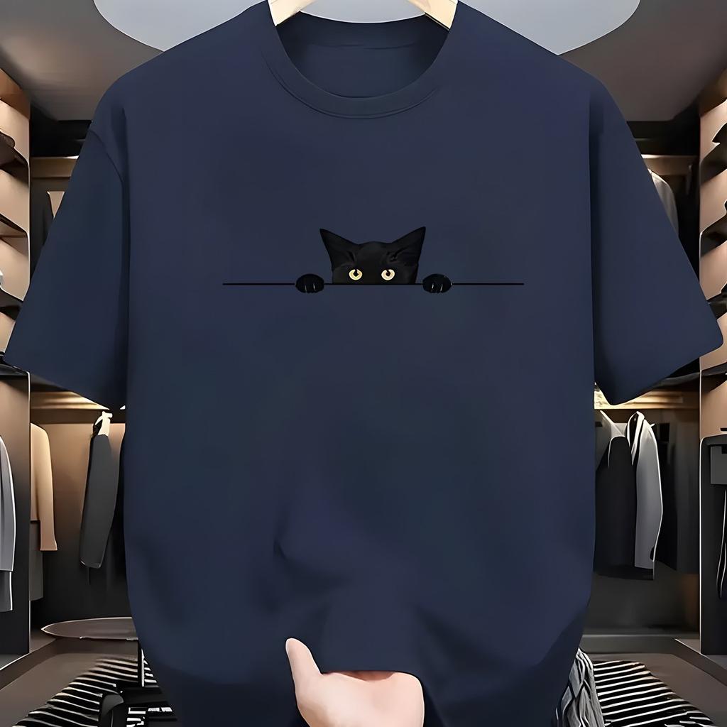 Мужская летняя модная повседневная футболка с круглым вырезом и коротким рукавом, свободного кроя, с милым принтом кота, из 100% хлопка