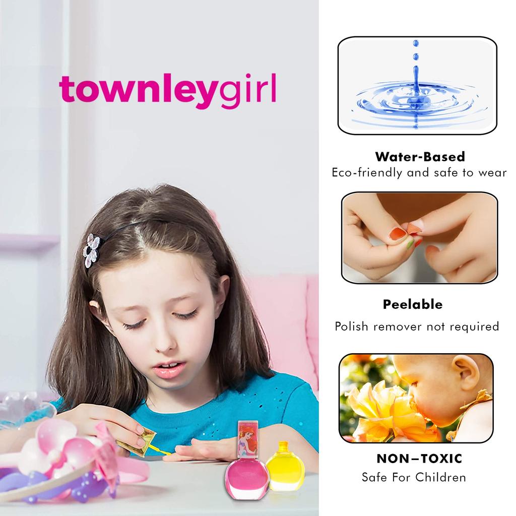 TownleyGirl Disney Princess 5 блесков для губ, 5 отшелушивающих лаков для ногтей, 24 наклейки для ногтей, детские ногти, для детей