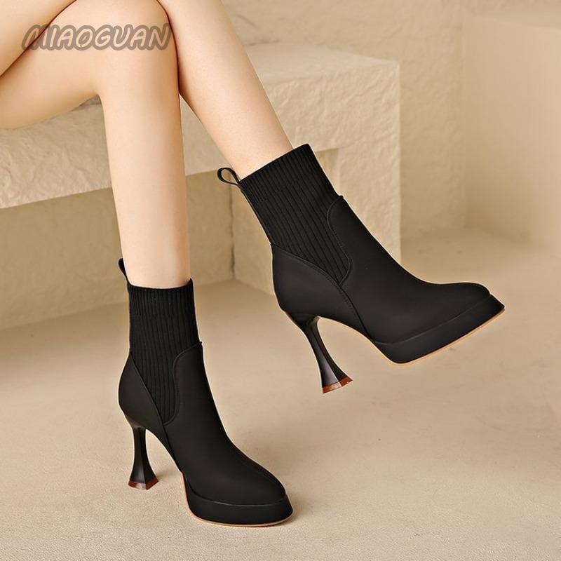 Fashion High-heeled Short Boots Spring and Autumn Pointed Toe Elastic Stocking Ankle Boots for Women Splicing Slip On Botas Femininas