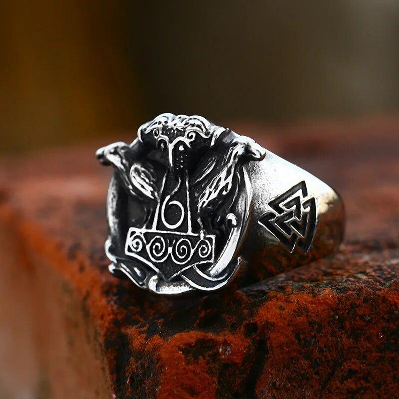 Men Biker Nordic Viking Rings Stainless Steel Retro Nordic Ethnic Belief Odin Viking Rune Ring Men Amulet Jewelry