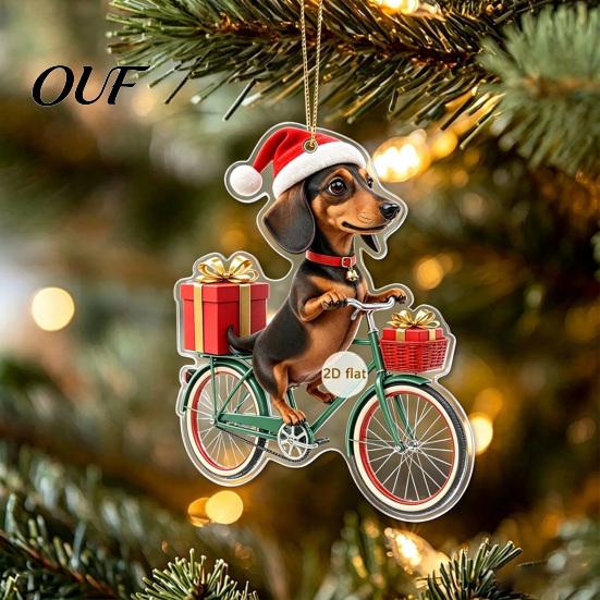 Small Dog Themed Christmas Decor Dachshund Ornaments, 2D Flat Acrylic Xmas Tree for Lovers Hanging Decoration Car Rearview Mirror, Holiday Home Party