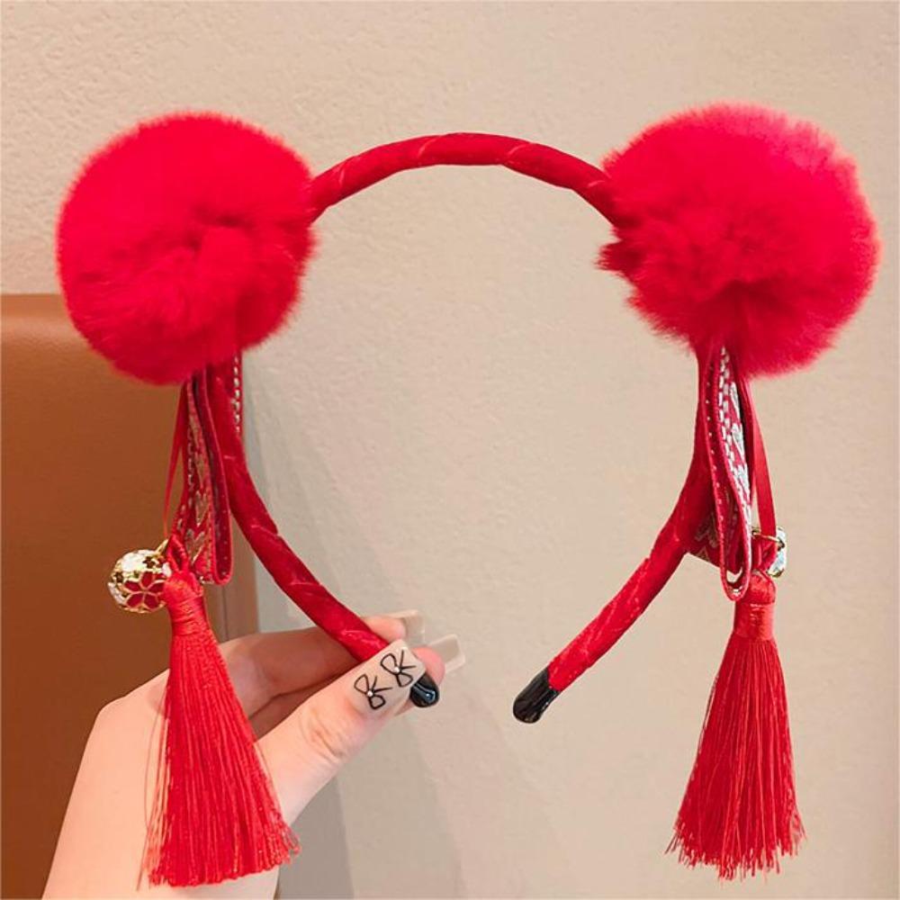Tassel Chinese New Year Headwear Plush Ball Red Hairband Sweet Hanfu Hair Bun Hair Hoop Children