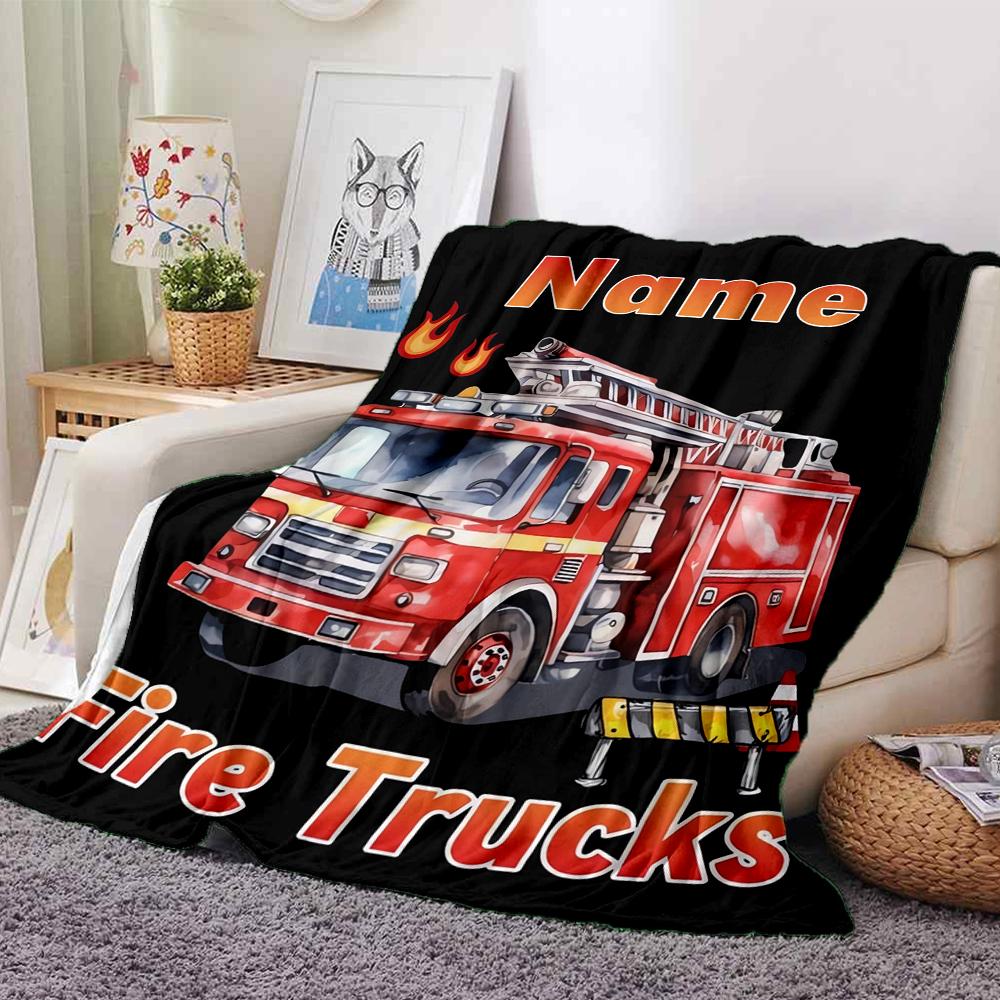 Custom Name fire truck Theme Printed Blanket - Perfect for Couch, Bed, Travel & Outdoor Use | Machine Washable, Cozy & Durable.