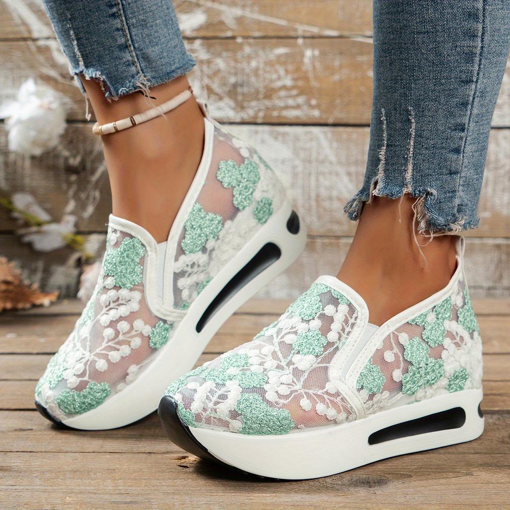 Women's Shoes Floral Embroidery Mesh Sneakers for Women Slip In Casual Comfortable High Heel Shoes Woman