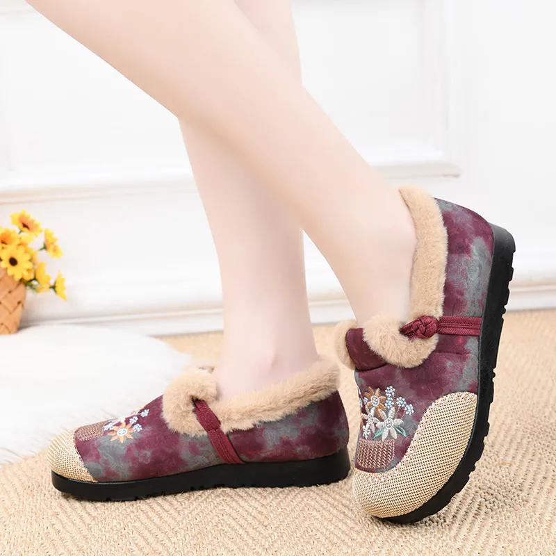 WTEMPO Большие размеры, повседневные однотонные туфли с вышивкой, женские осенне-зимние теплые, морозостойкие плюшевые туфли без застежек