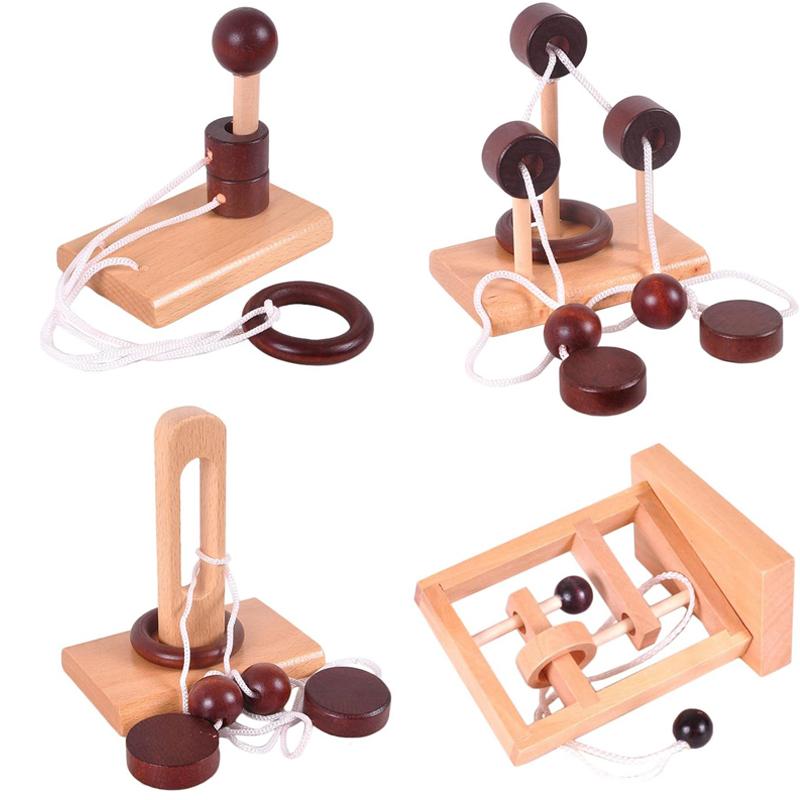 Classic Brain Teaser Puzzle Wooden Threading Rope Ring String Solution Central Iq Test Toys Educational Mind Games Kids Adults