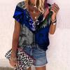 Women's Top Summer New Fashion Rose Flower Dark Skeleton Printed Casual Zipper V-neck Short Sleeve Top
