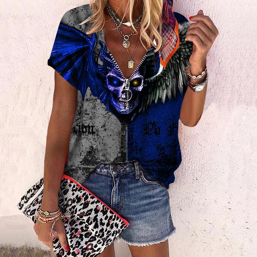 Women's Top Summer New Fashion Rose Flower Dark Skeleton Printed Casual Zipper V-neck Short Sleeve Top