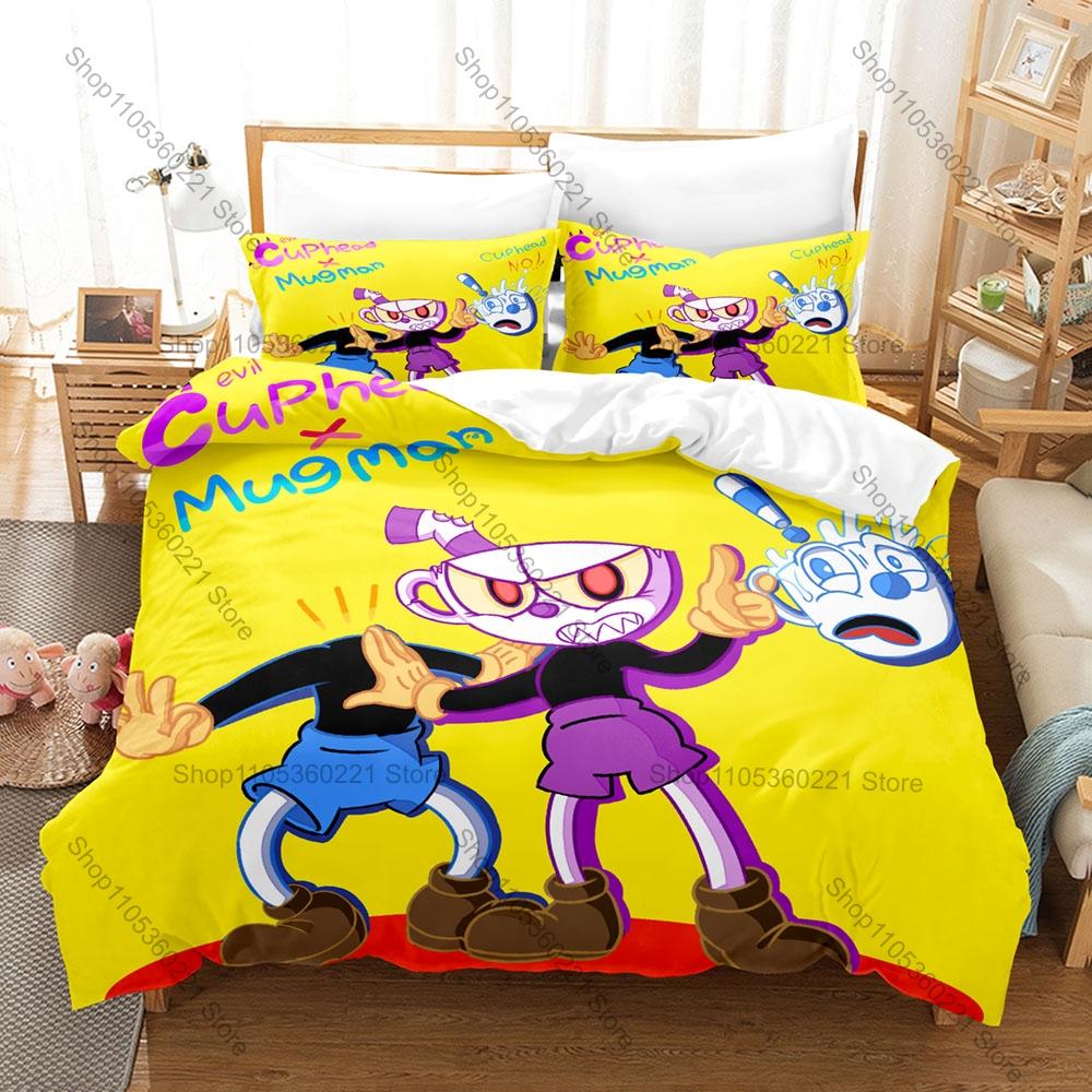 Cuphead and Mugman Bedding Set Duvet Cover + 2 Pillowcases Retro Cartoon Game Bedroom Decor