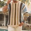 Мужской свитер с полосатым принтом, круглым вырезом, трикотажным коротким рукавом, подходящим по цвету, свободный пуловер, эластичный, не садится, мужской свитер на лето, осень, весна
