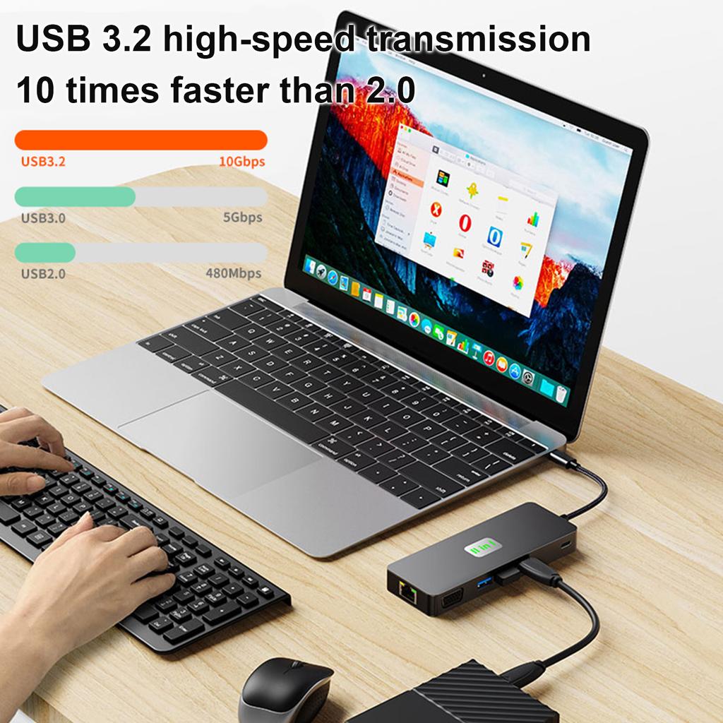 11 in 1 TYPE-C to RJ45 Gigabit USB3.2 HDMI DP+SD/TF 3.5mm Audio VGA PD100W PC