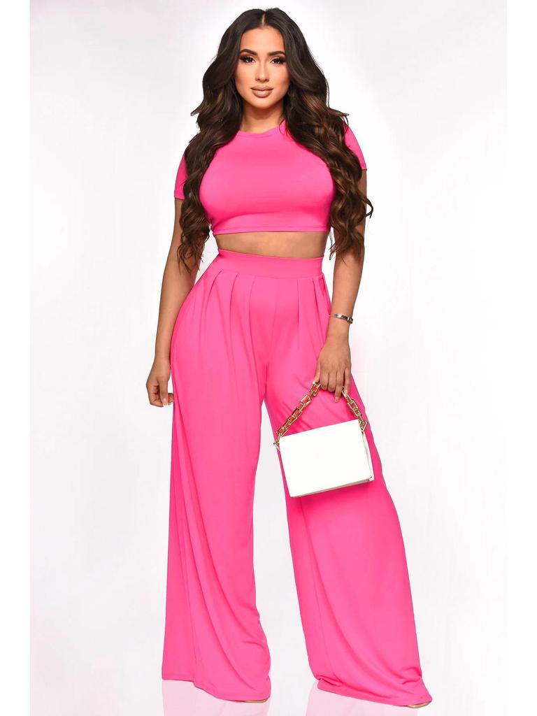 Crop Top & High Waist Loose Straight Leg Pants Set – Solid Color